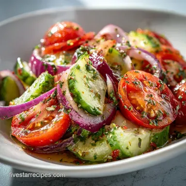 Refreshing Cucumber and Tomato Salad with Red Onion and Lemon Dressing in 10 Minutes Recipe Card
