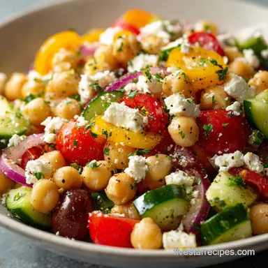 Healthy Mediterranean Chickpea Salad with Lemon Dressing and Feta Cheese in 15 Minutes Recipe Card