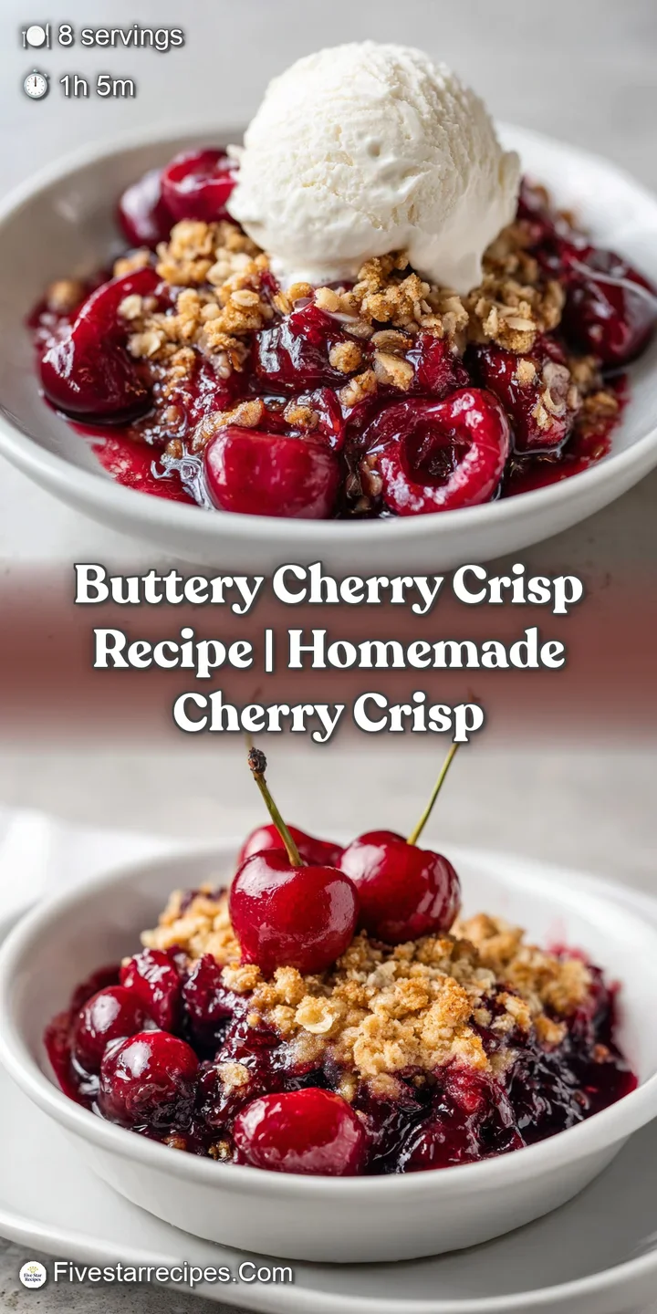 Close-up of a warm cherry crisp showing the juicy, ruby-red cherries bubbling beneath a golden, crunchy oat topping.