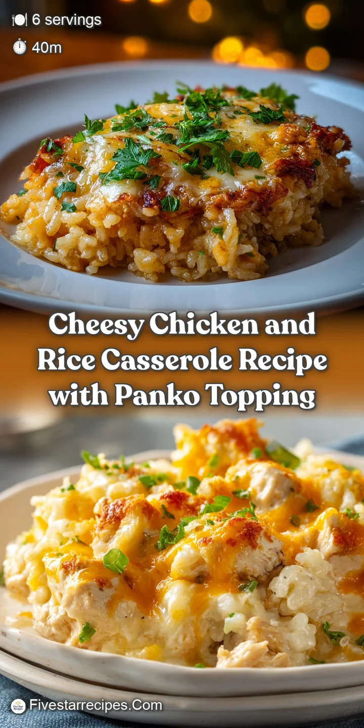 Close-up of a creamy, cheesy chicken and rice casserole, showcasing the rich texture and golden-brown crust.
