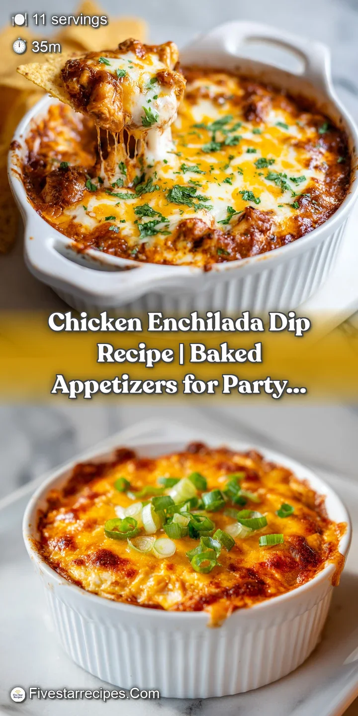 Close-up of creamy, melted cheese pulling apart over tender chicken in a savory enchilada dip