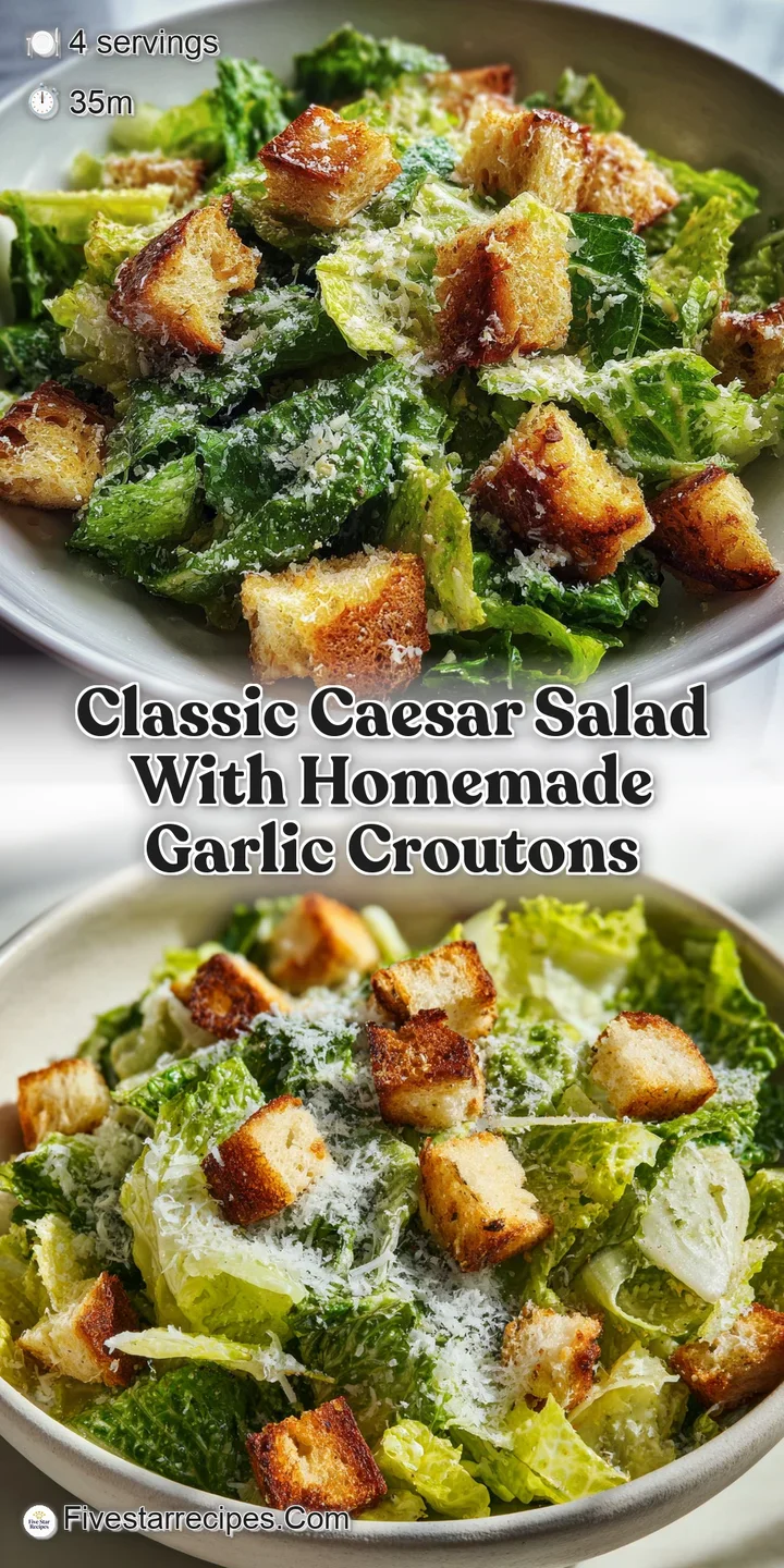 Close-up of a Caesar salad showcasing crisp romaine lettuce coated in creamy dressing with golden, toasted croutons and ri...
