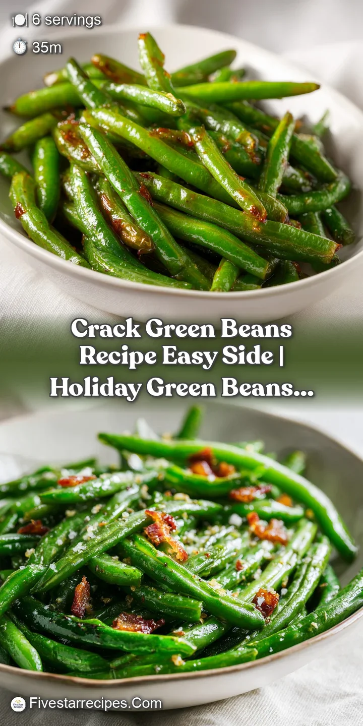 Close-up of vibrant green beans coated in a rich, glossy glaze with scattered smoky bacon pieces.