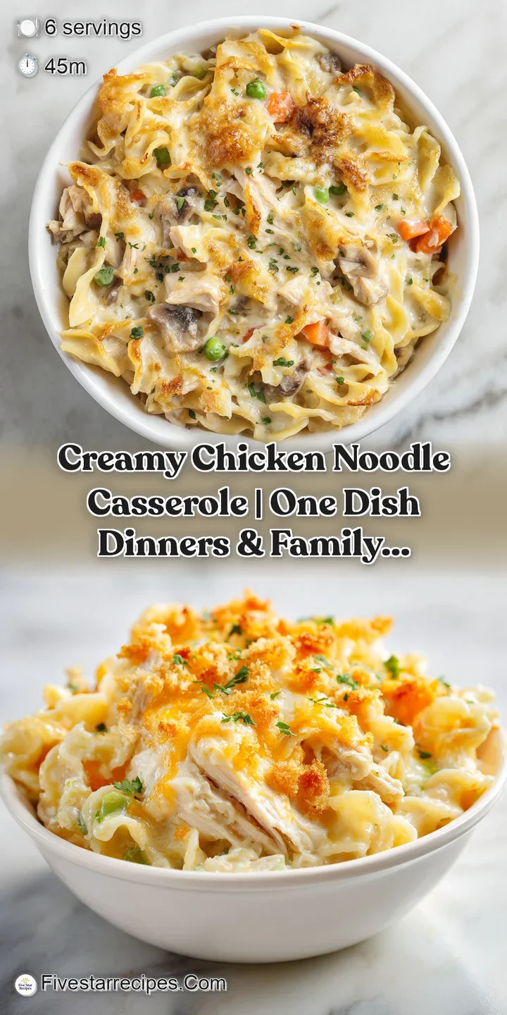 Close-up of creamy chicken noodle casserole with visible shredded chicken and soft noodles, glistening with sauce.