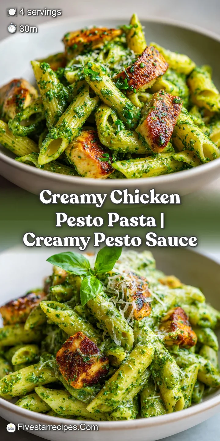 Close-up of glossy green pesto clinging to penne pasta with melted parmesan and juicy pieces of seared chicken.