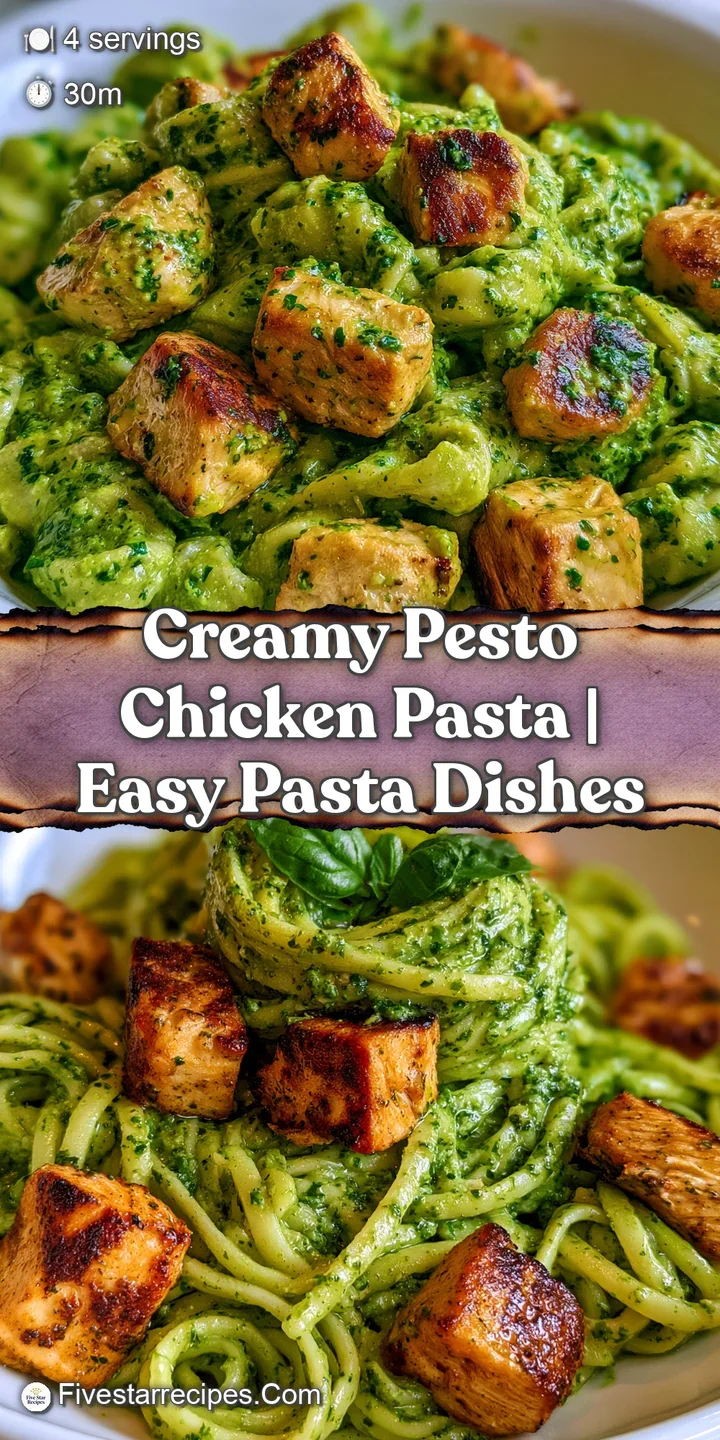 Macro shot of creamy green pesto clinging to ridged pasta noodles and juicy, browned pieces of chicken breast.
