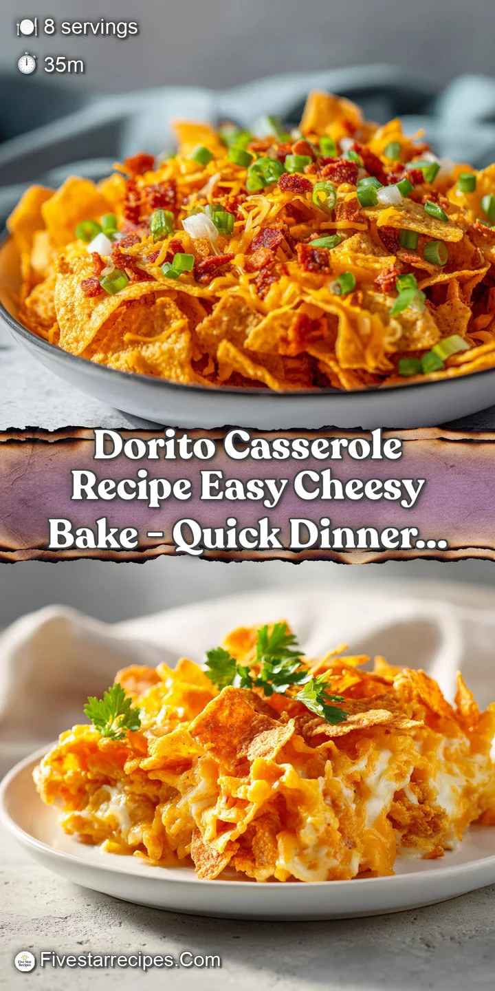 Close-up of a rich, layered casserole with vibrant orange Dorito crumbles and gooey, melted cheese.