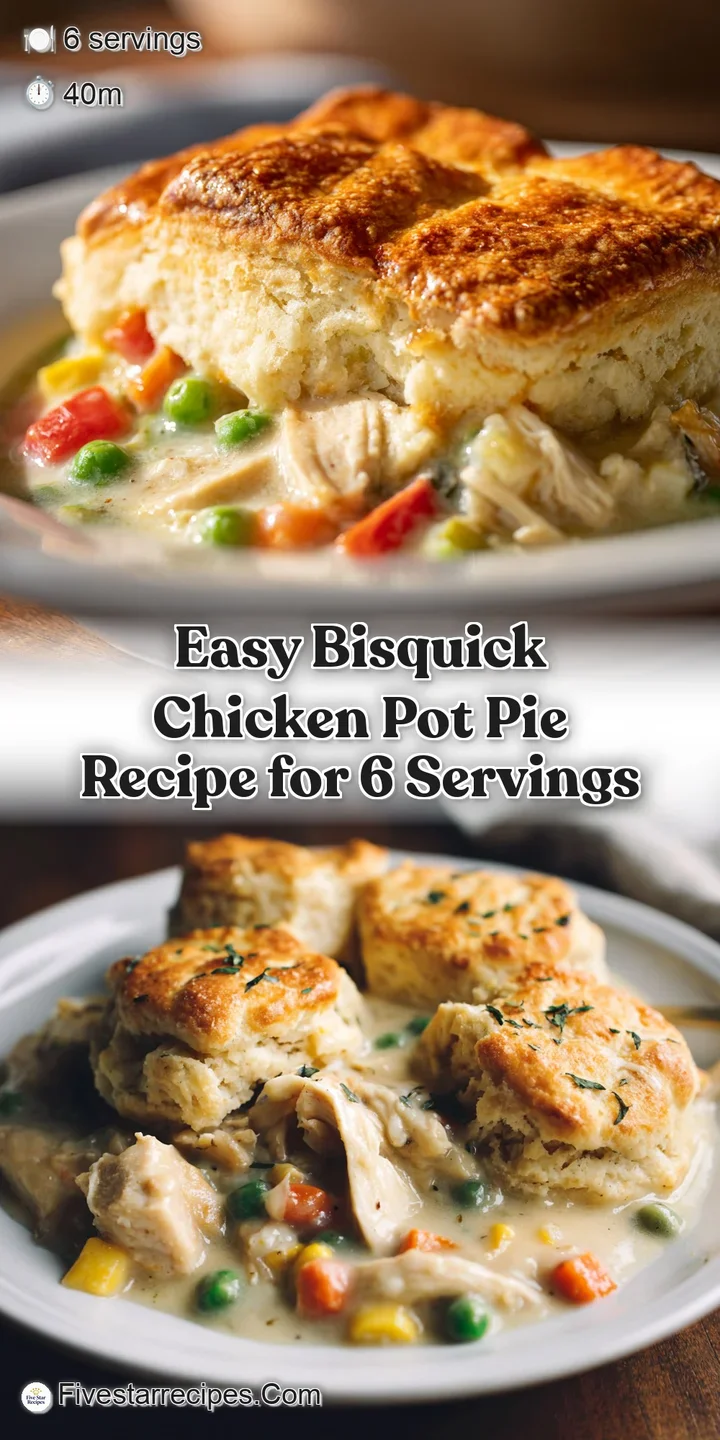 Close-up of bubbling chicken pot pie filling under a perfectly golden, textured Bisquick crust. Hint of steam suggests it'...