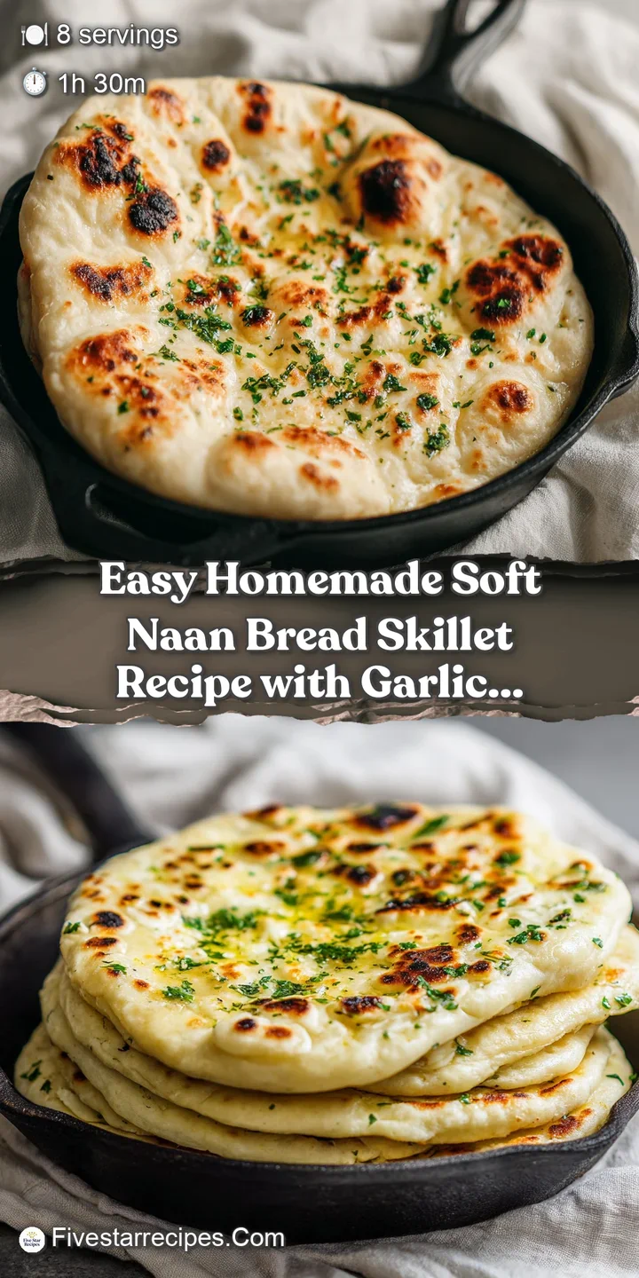 Close-up of a piece of fluffy skillet naan, showing its airy interior and glistening, savory garlic butter.