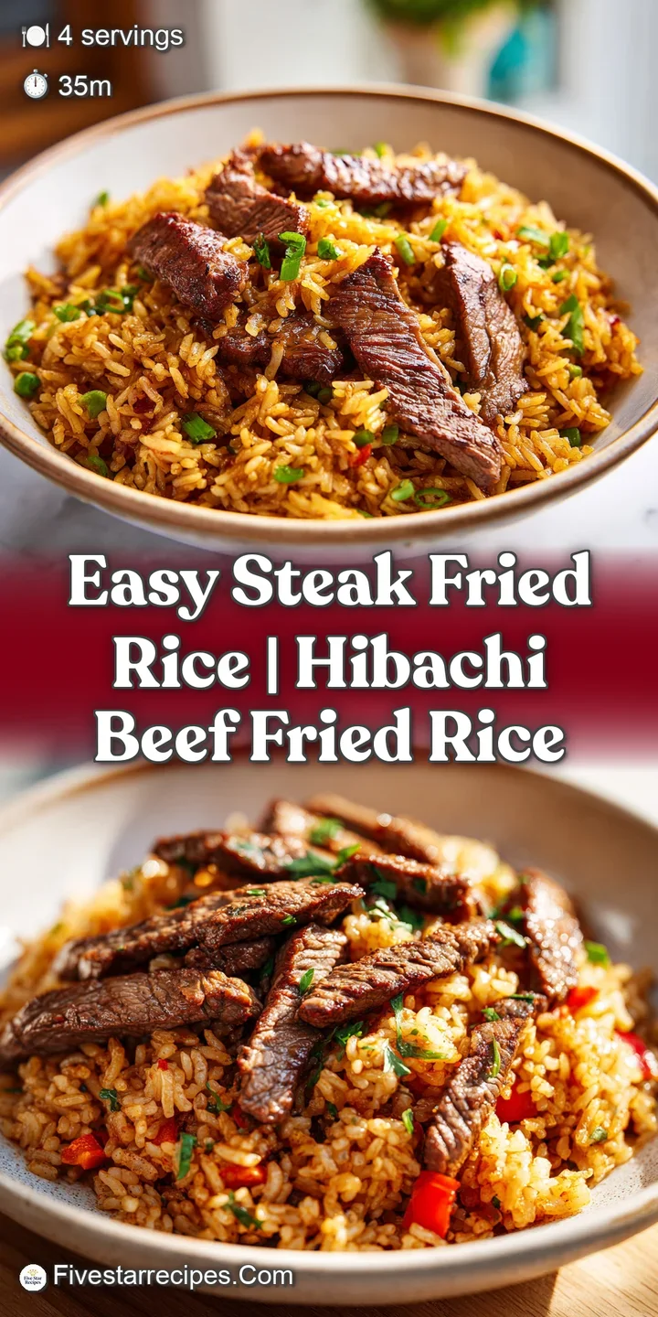 Macro shot of juicy, seared steak strips nestled among glistening golden rice and vibrant green garden peas.