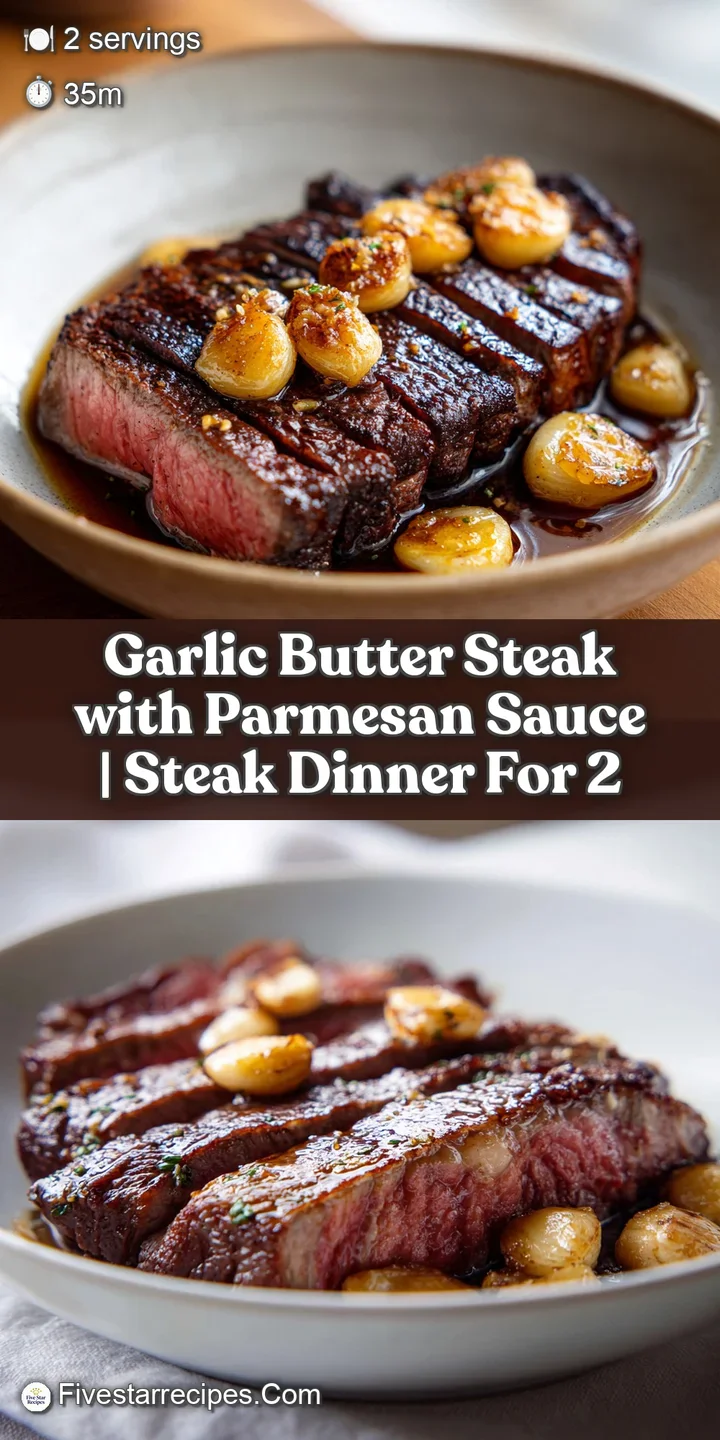 Extreme close-up of bubbling garlic butter and melted parmesan cheese cascading down a seared brown beef fillet.