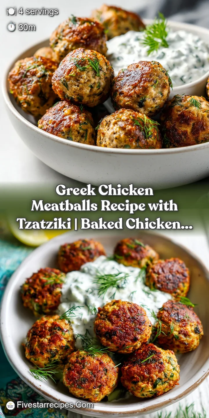 Juicy, golden-brown chicken meatballs glistening with herbs, ready to be dipped in cool, refreshing tzatziki sauce.