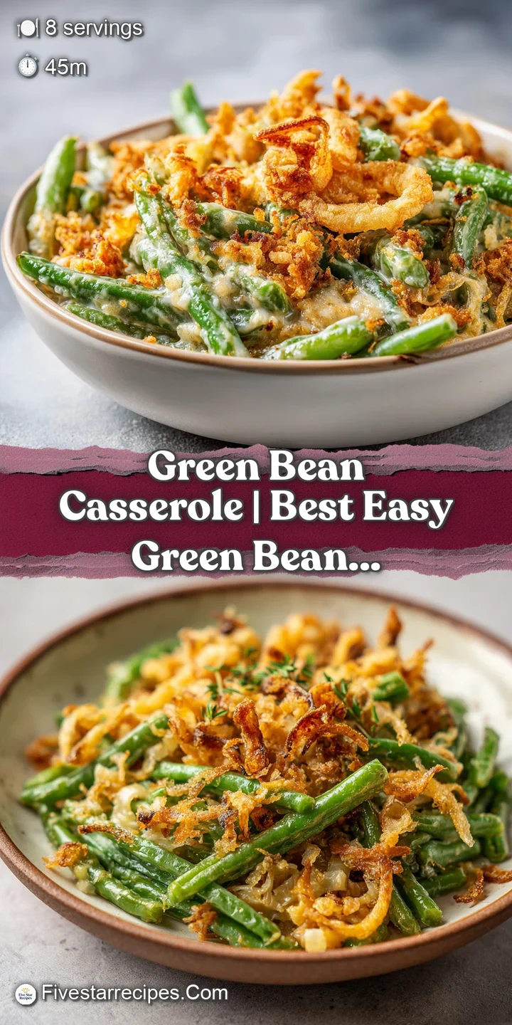 Close-up of tender green beans coated in rich, creamy sauce with a scattering of golden fried onions.