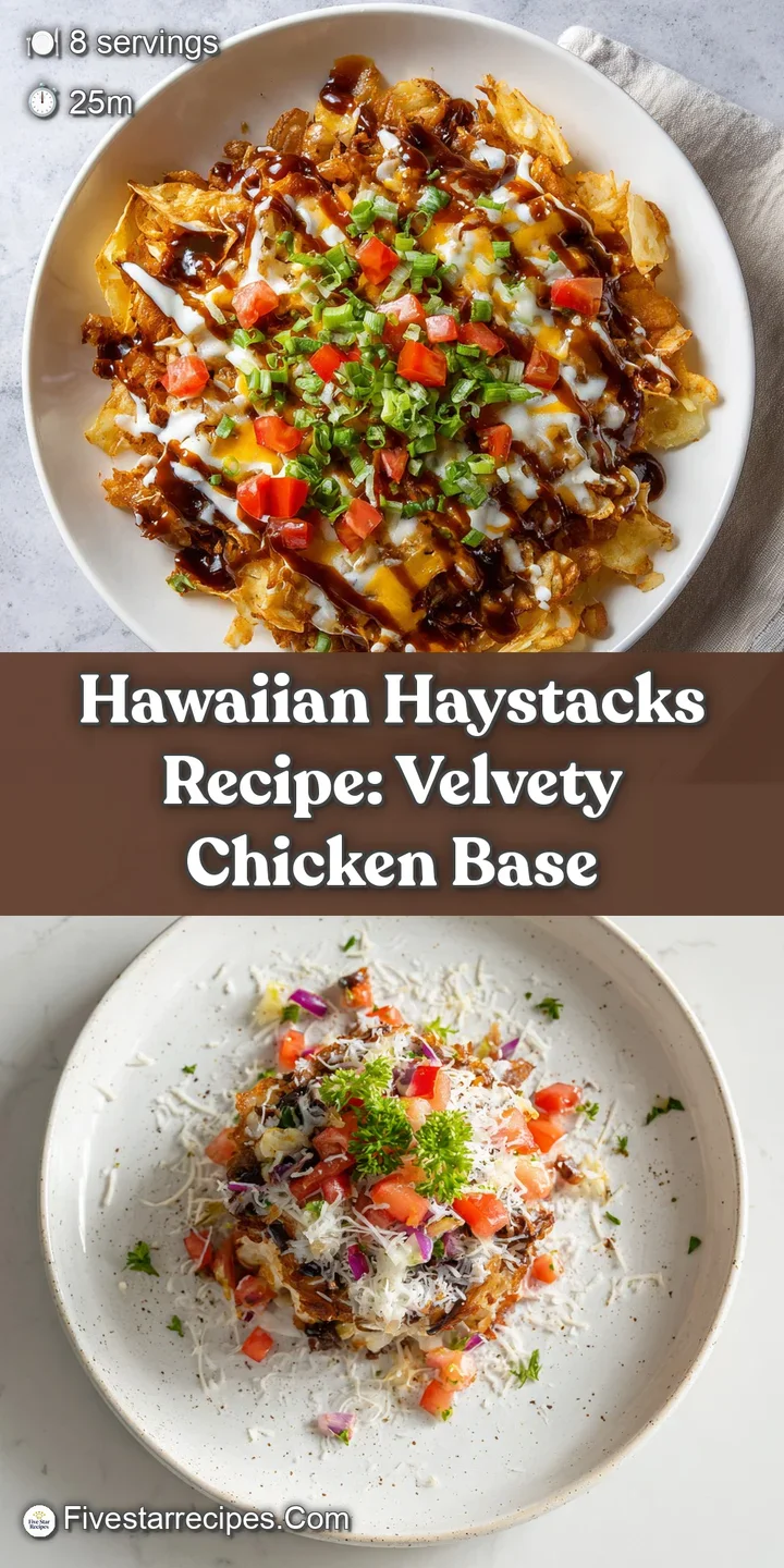 Close-up of Hawaiian haystacks featuring glistening cream sauce, juicy pineapple, and chopped green onions over a bed of s...