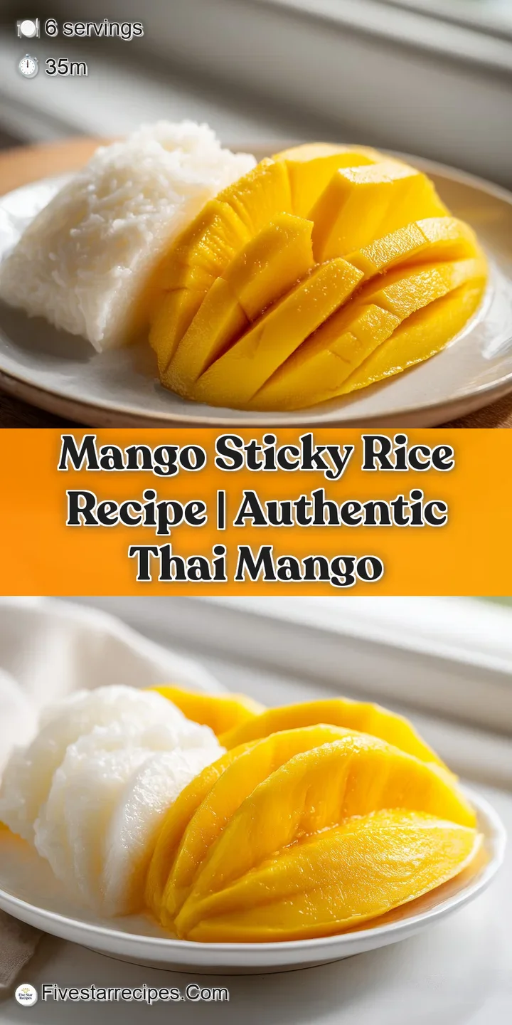 Macro shot of creamy coconut sauce glistening on pearlescent grains of rice next to a ripe, juicy mango slice.