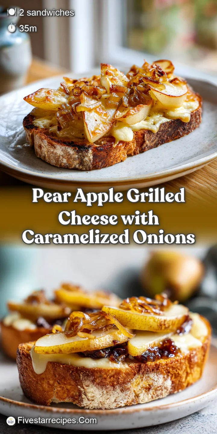 Extreme close-up of melted brie, translucent brown onions, and thin slices of crisp apple between buttery toast.