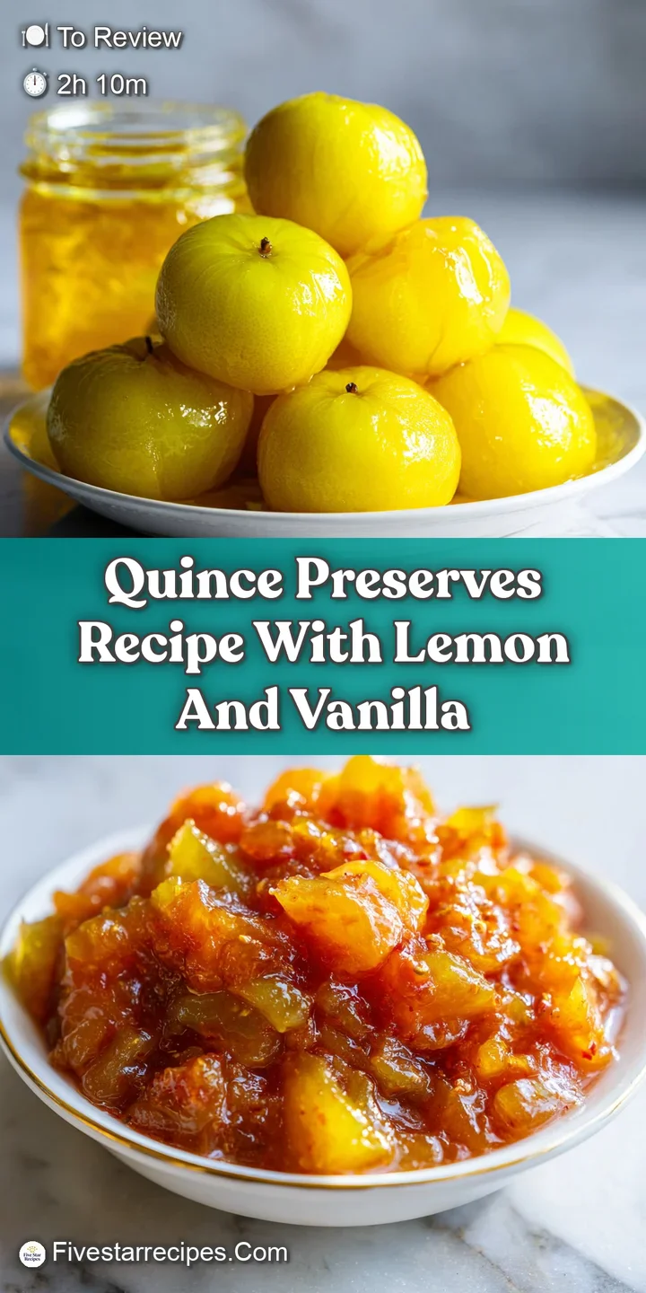 Close-up of shimmering quince preserves, lemon peel, and vanilla bean. The light plays across the glossy, honey-toned surf...