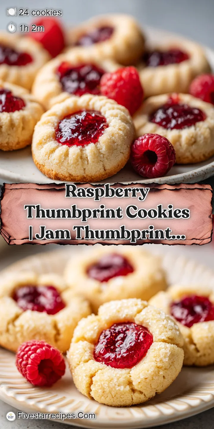 Close-up of a slightly crinkled, golden thumbprint cookie revealing a glistening, jewel-toned raspberry filling.