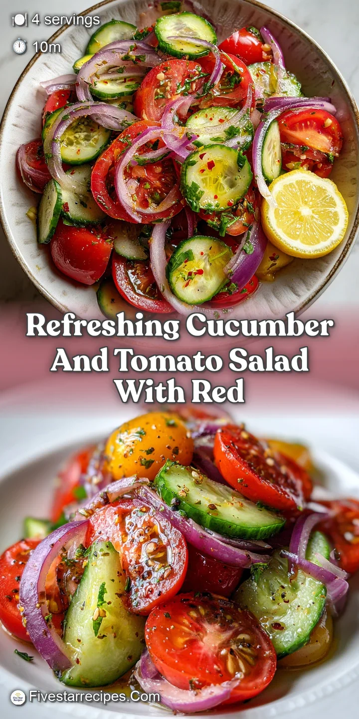 Close-up of refreshing cucumber tomato salad. See the juicy texture and the bright, tangy lemon dressing. A flavorful summ...