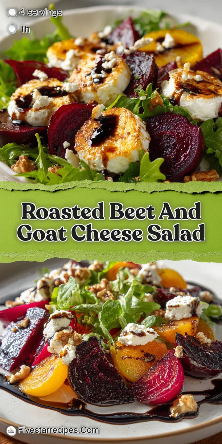 Close-up of a Roasted Beet and Goat Cheese Salad showcasing soft cheese, juicy beet slices, and fresh arugula leaves.