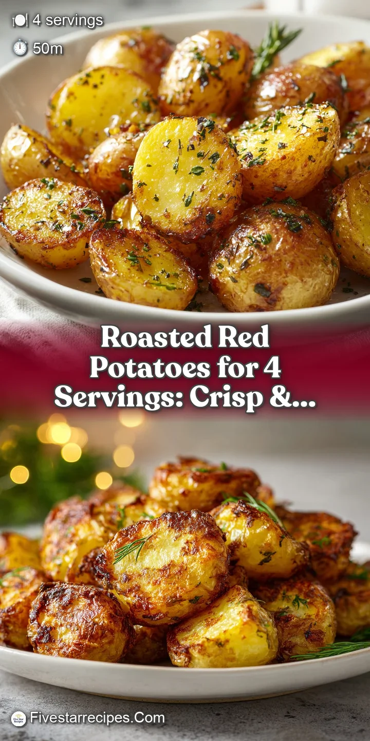 Close-up of a golden-brown roasted red potato, revealing its fluffy interior and herb-flecked, crispy skin; looks warm and...