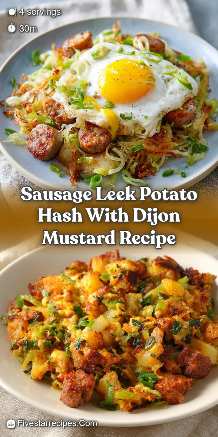 Close-up of potato hash with crispy browned sausage pieces and soft leeks, hint of Dijon mustard dressing visible.