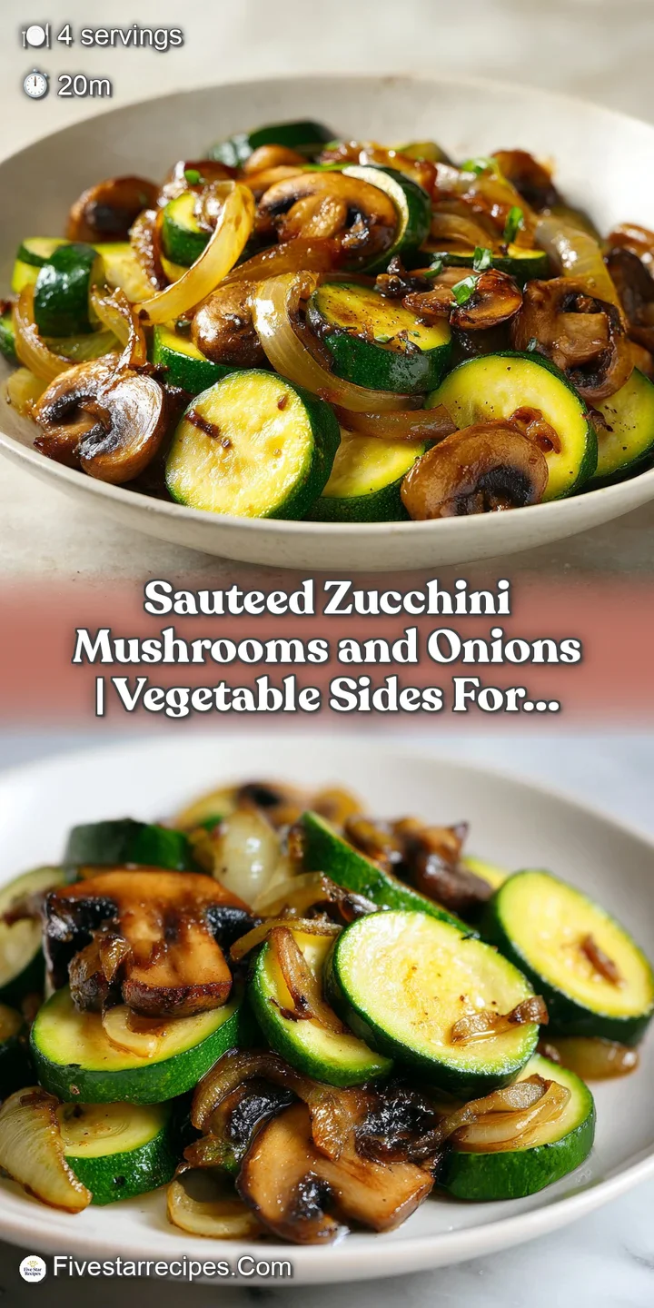 Close-up of tender, caramelized onions and juicy mushrooms clinging to soft, saut&eacute;ed green zucchini rounds.
