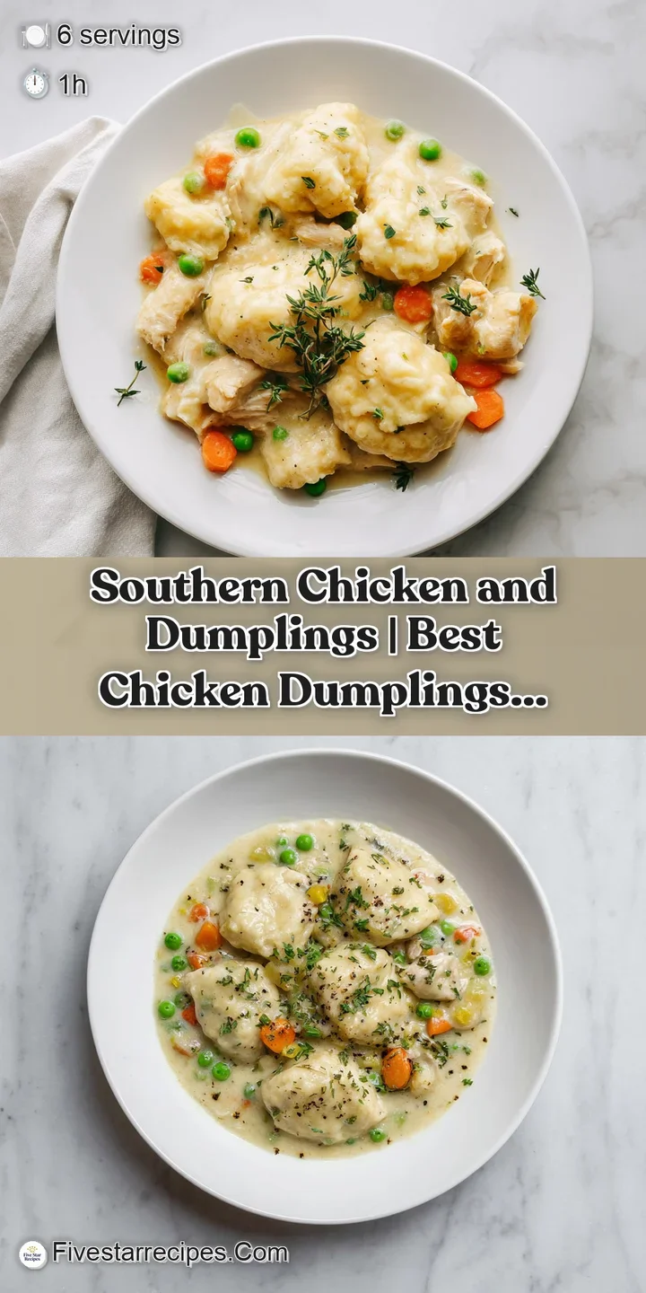 Close-up of plump, white dumplings nestled in a golden, herb-flecked chicken stew.
