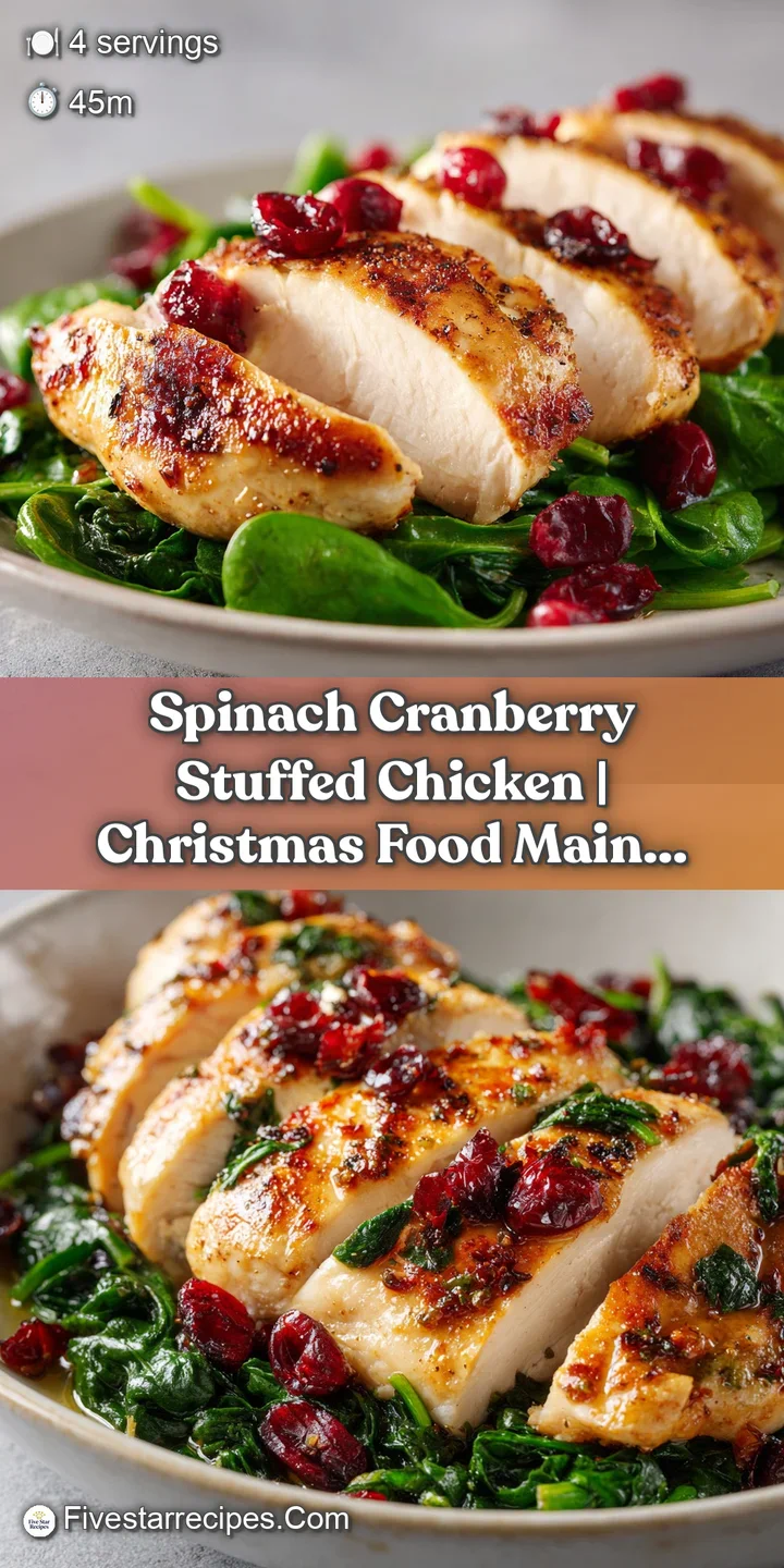 Close-up of tender chicken breast with a molten center of creamy melted cheese, bright spinach, and ruby red cranberries.