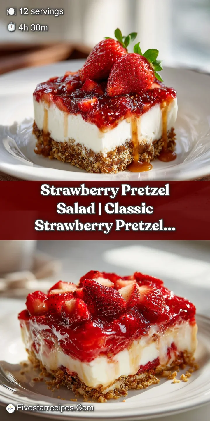 A glossy, jewel-toned strawberry topping glistening over a smooth, pale cream filling in a pretzel crust.