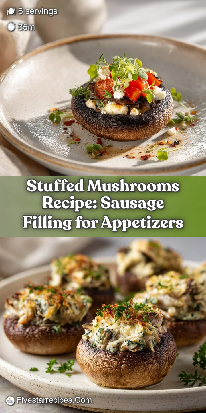 A close-up of stuffed mushrooms reveals a juicy sausage filling, bubbling melted cheese, and freshly chopped herbs.