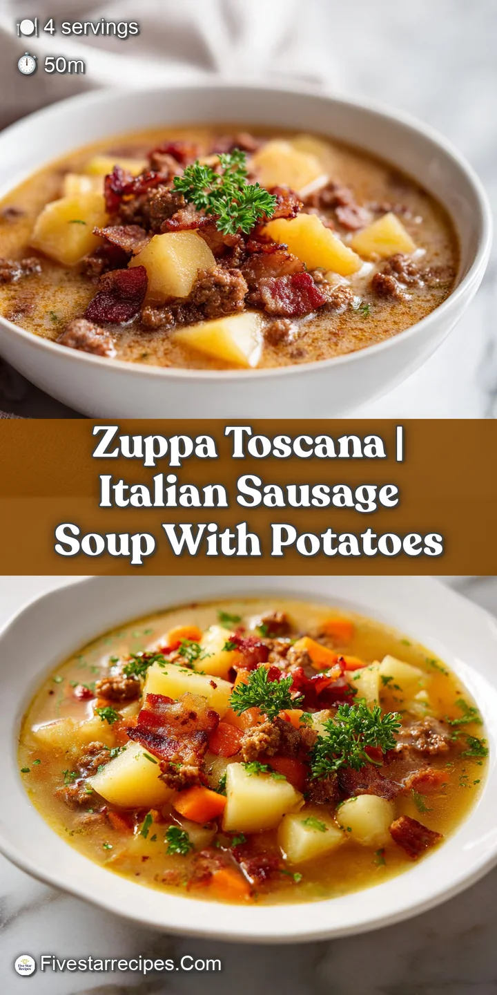 Close-up of tender potato slices and savory sausage bits submerged in a velvety, steaming cream-based soup.