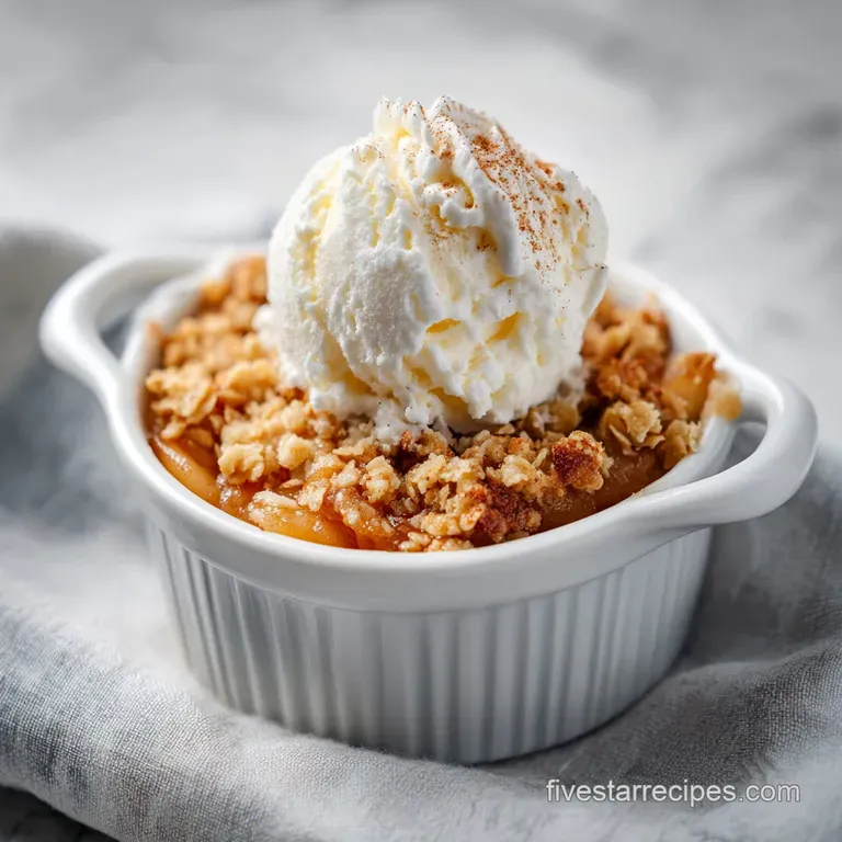 Warm apple crisp in a ramekin, served with a scoop of melting vanilla ice cream. Condensation on the dish suggests a warm ...