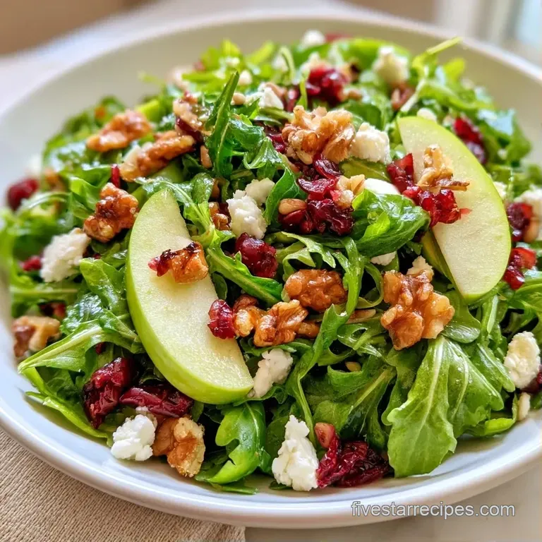 Elegant plate of mixed greens topped with thin apple slices and crumbled white cheese with a glossy vinaigrette.