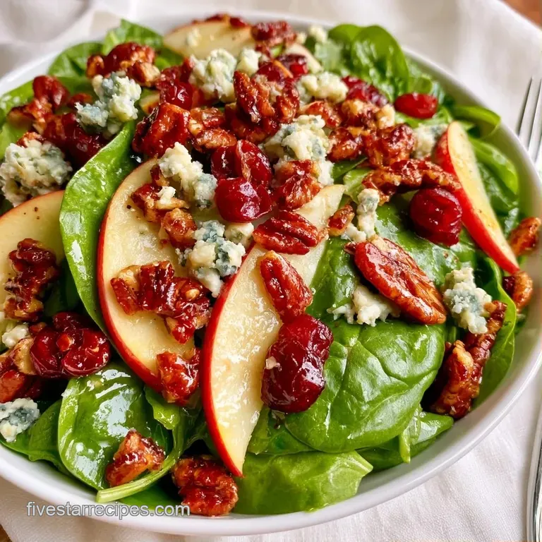 Vibrant mixed greens topped with toasted pecans and apple slices, served on a white ceramic plate with a light glaze.