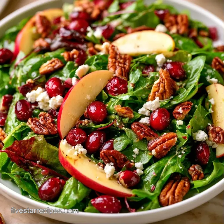 Crisp apple wedges and golden-brown pecans scattered across fresh greens in a modern white bowl with side cutlery.