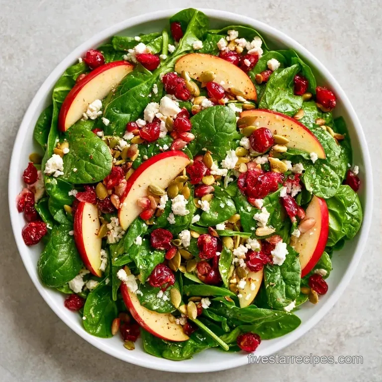 Vibrant autumn salad elegantly arranged on a white plate, featuring thin apple wedges and a sprinkle of seeds.