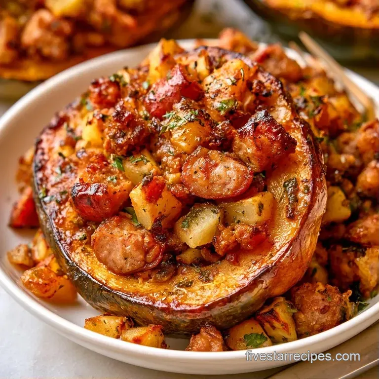 Symmetrically plated roasted squash halves filled with spiced fruit, served on a rustic gray stone platter.