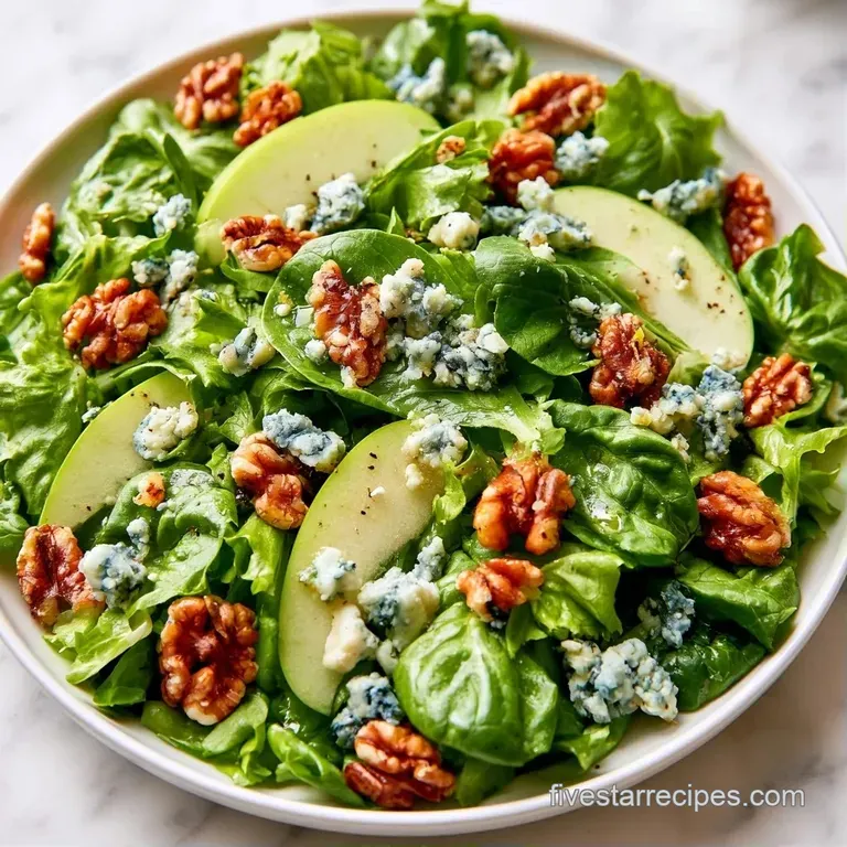 Fresh salad arranged in a white bowl with thinly sliced red apples, crumbled cheese, and glazed walnuts on top.