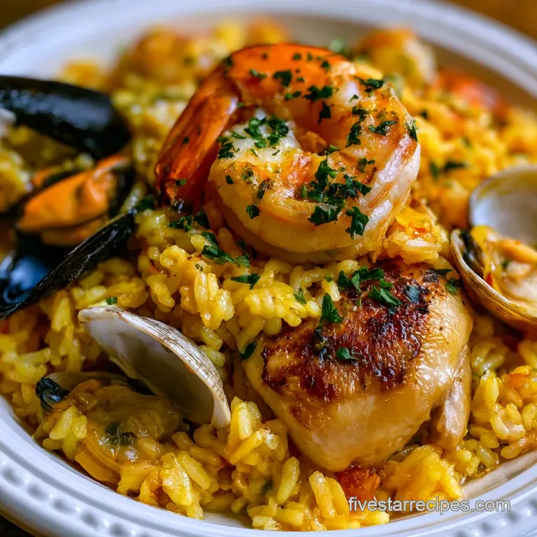 Vibrant yellow rice in a wide pan garnished with fresh parsley, red peppers, and steamed seafood shells.