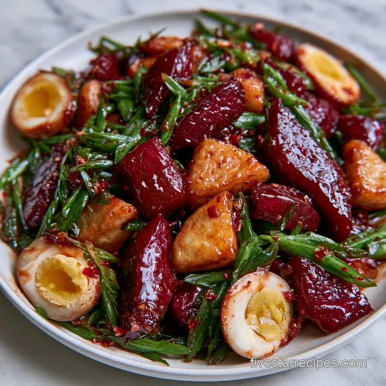 A white ceramic bowl filled with glossy red rice cakes, topped with sliced green onions and a soft-boiled egg.