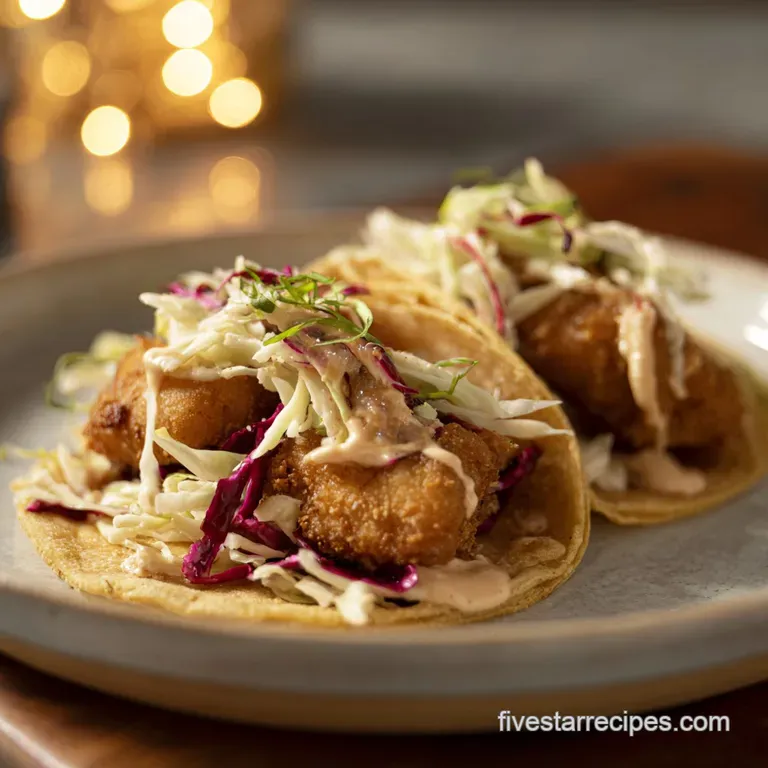 Three soft corn tortillas filled with crispy fish, bright green cabbage, and lime wedges on a rustic wooden platter.