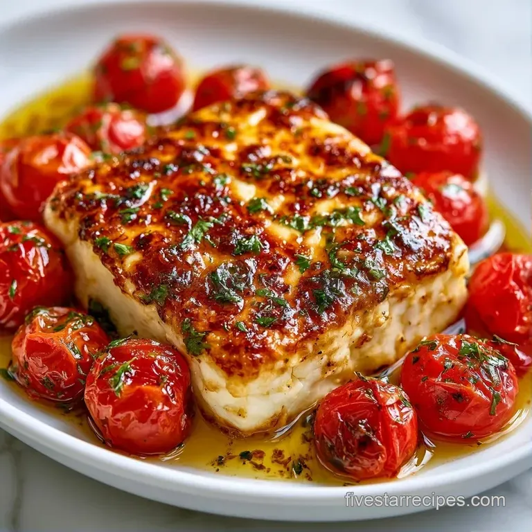 Molten white cheese surrounded by blistered red tomatoes and fresh basil leaves on a matte grey platter.
