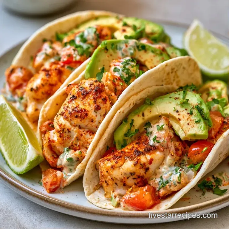Three colorful tacos on a white ceramic platter with bright lime wedges and a side of creamy white sauce.