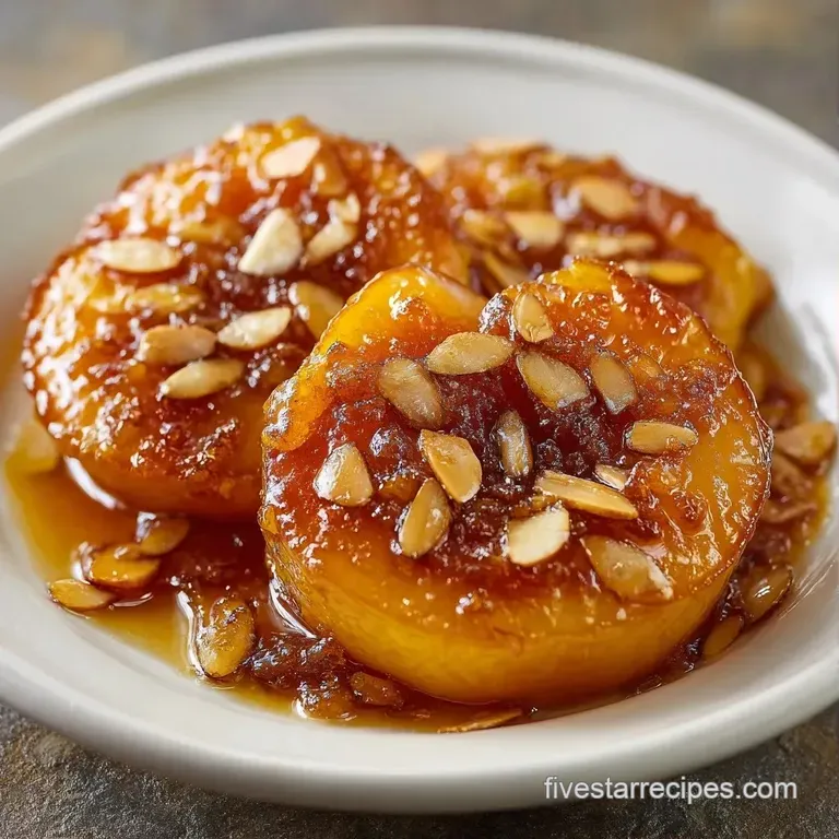 Two halved golden peaches drizzled with honey on a white plate, garnished with a mint leaf and vanilla cream.