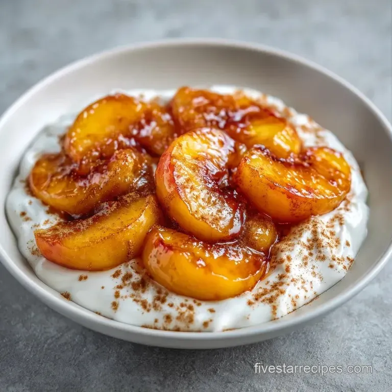 Golden roasted peach halves nestled in white ceramic bowls with creamy yogurt and a sprig of fresh mint on top.