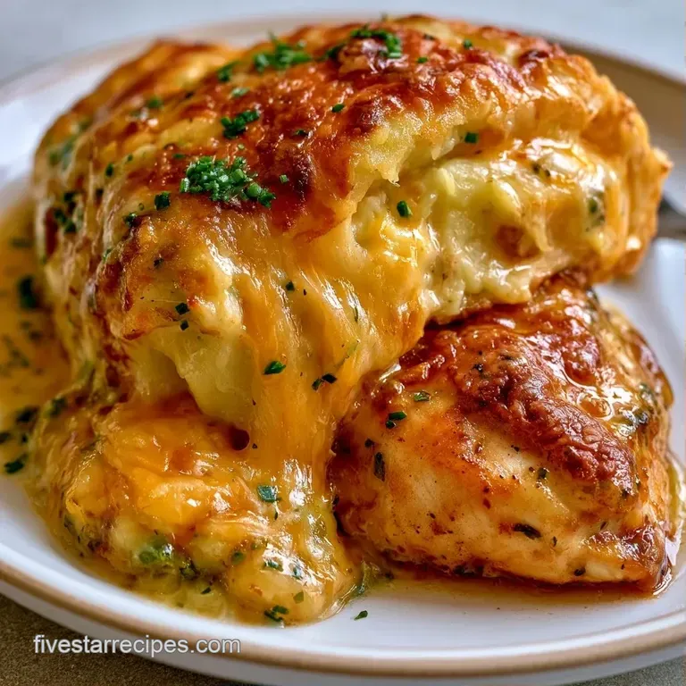 Two seared chicken breasts sliced open to reveal fluffy potato filling, plated with steamed asparagus and lemon.