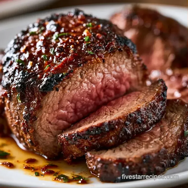Thick slices of seared beef arranged on a white platter with a sprig of fresh rosemary and a drizzle of au jus.