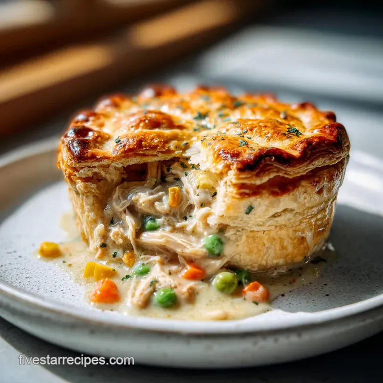 A slice of chicken pot pie with a golden-brown, flaky crust, showcasing the creamy, savory filling with visible vegetables.