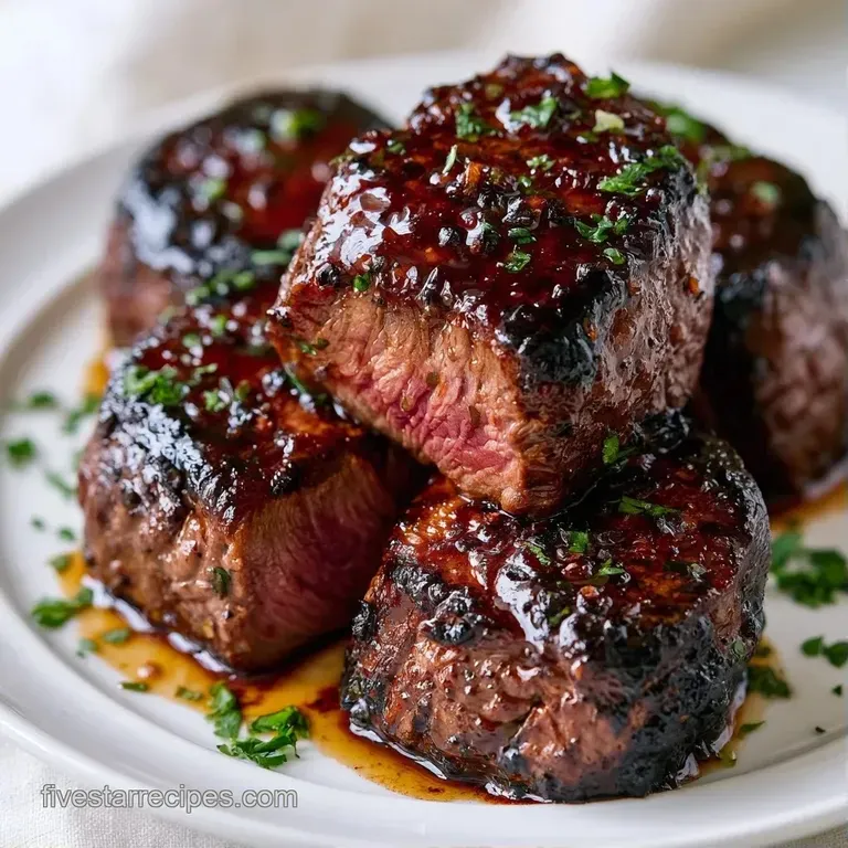 Sliced beef medallions with a glossy brown glaze, plated elegantly with microgreens and a drizzle of soy sauce